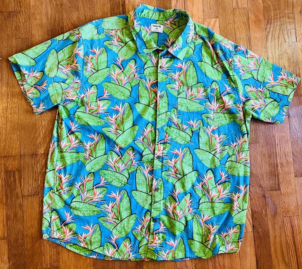 Hurley XXL Lido Stretch Shirt Bird of Paradise Tropical Hawaiian Floral Blue